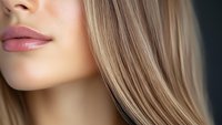 Close up view of plump pink lips and straight blonde hair against blurred background, showing natural makeup and smooth skin texture for beauty and cosmetic advertising.