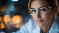 Young female scientist or medical professional wearing protective eyewear smiles confidently against blurred orange bokeh background in laboratory setting.