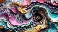 Colorful abstract fluid art with swirling patterns in purple, turquoise, gold and black. Marbled texture with organic flowing shapes creates dynamic composition.