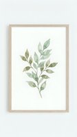 Watercolor botanical branch with soft green leaves on white background, framed in natural wood. Isolated artwork suitable for home decor, wall art prints, and interior design projects.