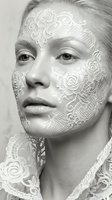 Young Caucasian woman with intricate white lace patterns painted on face and neck in artistic portrait for beauty and fashion concepts.