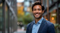 Young Hispanic businessman with confident smile wearing blue blazer and shirt against urban background with bokeh lights. Professional corporate portrait.