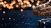Shopping cart on dark blue glittery background with golden bokeh lights, creating magical holiday retail atmosphere for seasonal sales and commerce concepts.