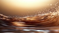 Flowing golden liquid wave with sparkling droplets against dark background creates dynamic motion effect, suitable for luxury product advertising and design projects.