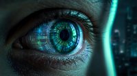 Close-up of human eye with glowing turquoise digital interface overlay, circuit patterns and data visualization, representing technology, artificial intelligence, cybersecurity and digital innovation.