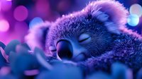 Adorable koala sleeping peacefully with dreamy purple and blue neon lighting creating magical bokeh background atmosphere for relaxation and wildlife themes.