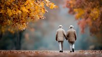 Two elderly men walking together on autumn path surrounded by golden fall foliage, representing friendship, aging gracefully and outdoor exercise for seniors.