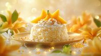 Tropical coconut rice dessert garnished with fresh mango slices and shredded coconut on golden plate, surrounded by exotic plumeria flowers in soft bokeh light.