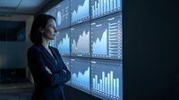 Professional businesswoman analyzing financial data on large digital display screens in modern corporate office environment for strategic decision making.