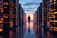 Silhouette of man walking between glowing server racks in futuristic data center with dramatic sunset sky and reflective floor, representing digital transformation.