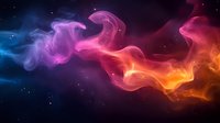 Vibrant colorful smoke flowing through dark space with stars, transitioning from blue to purple, red and orange creating dynamic abstract cosmic formation.