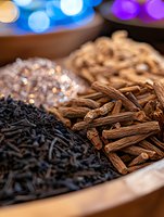 Aromatic spices and black tea leaves in wooden bowl with soft bokeh lights background, macro shot showing texture and detail of dried licorice root and herbs.