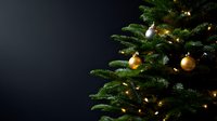 Decorated Christmas tree with gold and silver ornaments and warm lights against dark background, perfect for holiday marketing.