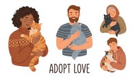 Happy diverse people holding and cuddling adorable cats and kittens, showing pet adoption love and care concept for animal shelter campaigns.