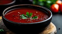 Fresh tomato soup in black bowl garnished with parsley and sesame seeds on wooden board. Healthy vegetarian meal ready to serve for lunch or dinner.