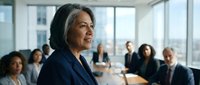 Confident Asian businesswoman leading corporate meeting in modern office boardroom with diverse professional team in background.