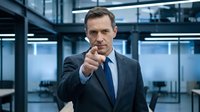 Confident middle-aged Caucasian businessman in dark suit pointing finger at camera in modern corporate office environment for leadership concepts.