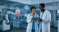 Two diverse medical professionals analyzing holographic heart data on tablet in futuristic hospital laboratory with advanced diagnostic technology displays.