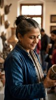 Middle-aged woman potter examining handmade ceramic bowl in traditional pottery workshop with artisans working in background during creative process.
