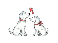 Two adorable white puppies sitting together with red hearts floating above, wearing collars on transparent background for romantic designs.