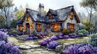 Cozy stone cottage with glowing windows surrounded by blooming lavender garden and stone pathway at dusk, fantasy countryside landscape artwork.
