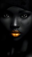 Dramatic black and white portrait featuring striking gold metallic lipstick, intense gaze, and deep shadows creating powerful contrast against dark skin tone.