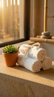 Spa wellness setup with rolled white towels tied with ribbon and succulent plant in terracotta pot on wooden surface with warm sunlight streaming through window.