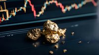 Raw gold nuggets on dark background with financial chart, symbolizing precious metal investment and trading market analysis for commodity value growth.