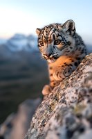 Young snow leopard cub resting on rocky mountain ledge at sunset, soft golden light illuminating its spotted fur and intense eyes against blurred mountainous background.