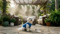 Small white fluffy dog in blue shirt sitting on sunny garden patio with wooden pergola, outdoor furniture and lush green plants creating cozy backyard space.