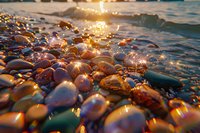 Colorful wet pebbles on beach shore during golden sunset, with sunlight reflecting off water and stones creating magical sparkles and rainbow effects.
