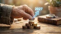 Senior man stacking coins with 2027 growth arrow showing financial planning and retirement savings strategy for future investment goals.