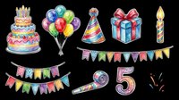 Colorful birthday party elements collection isolated on transparent background, ready for t-shirt designs, clipart, stickers, sublimation, and print-on-demand projects.
