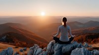 Young woman practicing yoga meditation on mountain peak during golden hour sunrise with autumn landscape and layered hills in background.