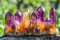 Purple and orange amethyst crystal cluster formation with pointed peaks on dark stone, natural sunlight illuminating translucent mineral specimen against blurred green background.