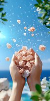 Hands holding pink Himalayan salt crystals against blue sky and ocean background, with crystals floating upward creating magical atmosphere and natural bokeh effect.