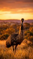 Wild emu standing in golden grassland during dramatic sunset with warm orange sky and mountain silhouettes in Australian outback landscape for wildlife photography.