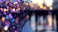 Abstract geometric low poly crystal structure with iridescent rainbow colors and bokeh lights background for modern digital art and technology designs.