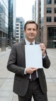 Professional middle-aged Caucasian businessman in gray suit holding blank white paper document standing in modern urban business district.