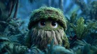 Whimsical forest creature with moss-covered body and large expressive eyes peeks through lush green foliage in mystical woodland setting.