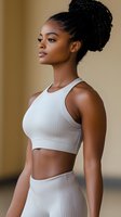 Young African American woman in white ribbed athletic wear with braided updo hairstyle posing confidently against neutral background, showcasing fitness and wellness lifestyle.