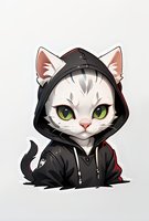 Cute white cat character wearing black hoodie with bright green eyes, illustrated in anime style on light background. Isolated design for merchandise and prints.