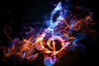 Vibrant musical notes engulfed in blue and orange flame effects against dark background, creating dynamic artistic composition for music-related designs.