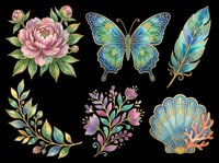 Pink peony flower, blue butterfly, decorative feather, botanical leaf sprigs, purple wildflower bouquet, and ornamental seashell isolated on transparent background. Ready for t-shirt designs, clipart, stickers, sublimation, and print-on-demand projects.