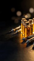 Medical syringes and amber glass vials with cork stoppers on dark surface with warm bokeh lighting for pharmaceutical research and healthcare concepts.