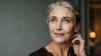 Elegant mature woman with silver hair touching face against dark background, conveying confidence and grace in natural beauty.