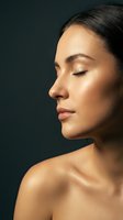 Young woman with glowing skin in profile view showcasing natural beauty and skincare routine against dark background for cosmetic advertising.