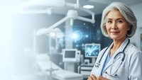 Senior female doctor with gray hair and stethoscope smiling confidently in modern medical facility with advanced equipment and technology displays.