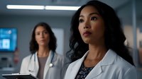 Asian female doctor in white coat looking ahead confidently in modern hospital setting with diverse medical colleague in background. Professional healthcare environment.