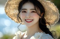 Young Asian woman with bright smile wearing straw sun hat and white lace dress against soft bokeh background in natural sunlight. Joyful summer portrait.